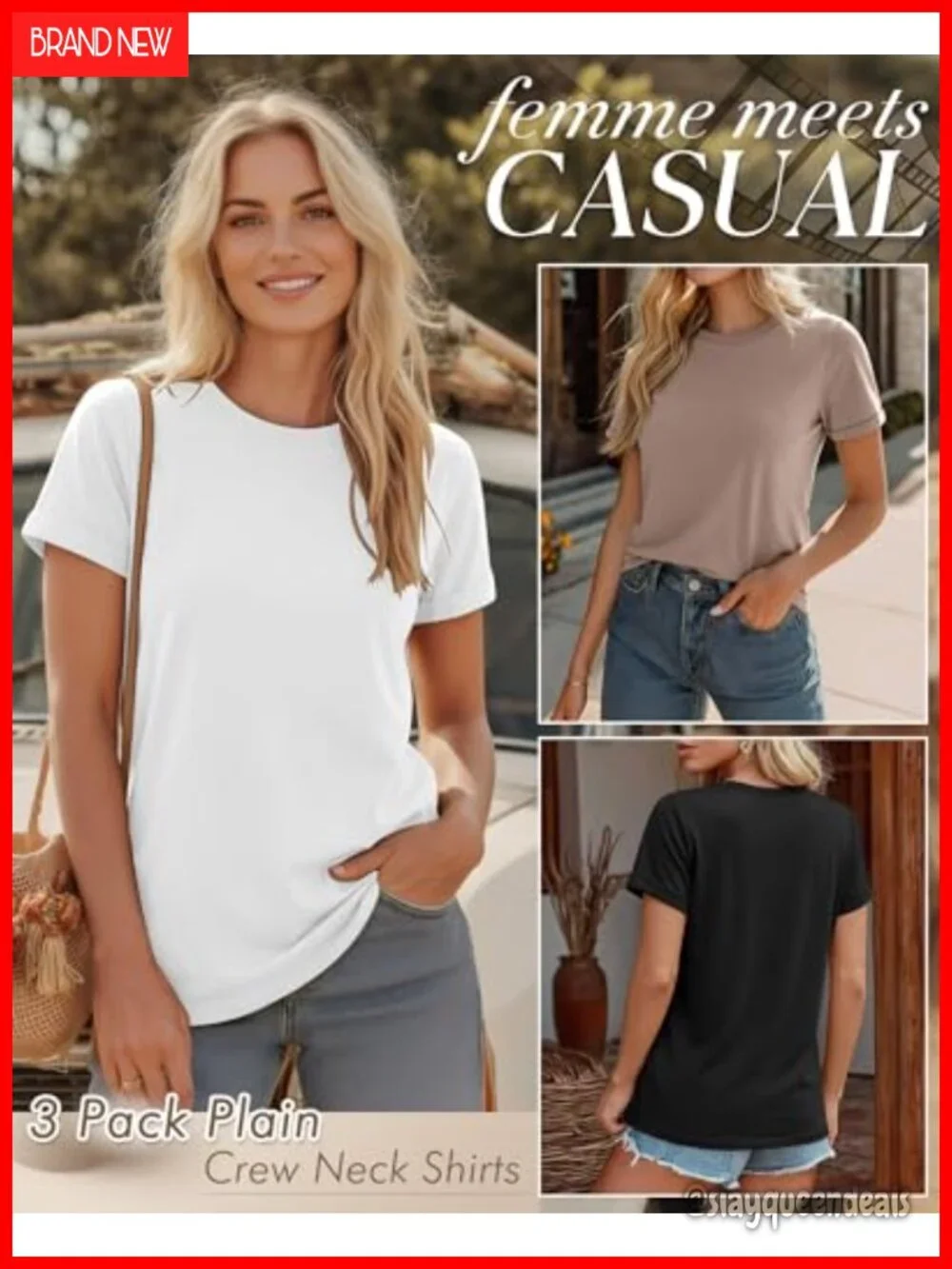 Cotton Crew Neck Short Sleeve T-Shirts 3 Pack Casual Tops